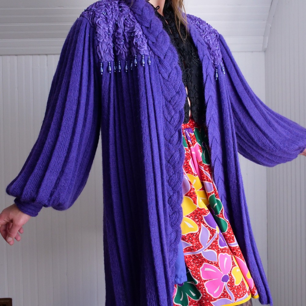 Incredible vintage 80s maximalist Career Fashions royal purple mohair cardigan